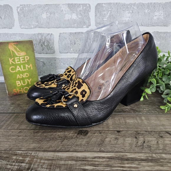 Sofft Shoes - Sofft Black Leather Leopard Cow Hair Horsebit Tassel Block Heel Pumps 10M CCEE15